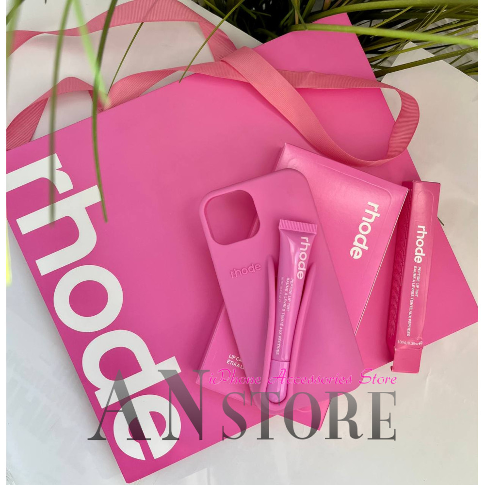 Чехол Rhode Shortcake розового цвета с блеском для губ на iPhone 15 Pro Max